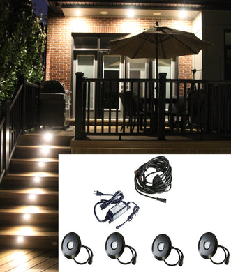 BIG Round Metal Trim - LED Outdoor Recessed Lights KIT - 4 Mini Deck Lights 0.5W (Spring Fit) with Transformer, Daisy Chain - #EZKITBRT-TW