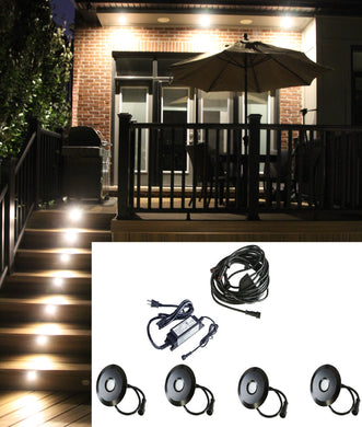 BIG Round Metal Trim - LED Outdoor Recessed Lights KIT - 4 Mini Deck Lights 0.5W (Spring Fit) with Transformer, Daisy Chain - #EZKITBRT-TW - LEDeze