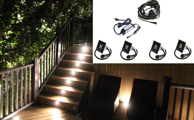 STAINLESS STEEL Square Trim - LED Outdoor Recessed Lights KIT-4 Mini Deck Lights(Spring Fit) with Transformer & Daisy Chain - #EZKITST-TW-SS - LEDeze