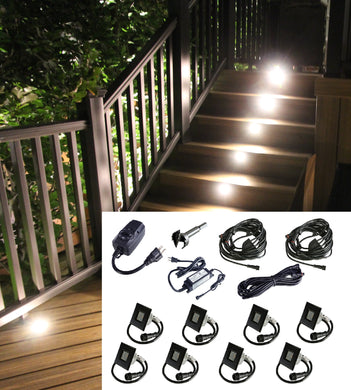 STAINLESS STEEL Square Trim - LED Outdoor Recessed Lights KIT-8 Mini Deck Lights with Transformer, Timer, Daisy Chain, 10ft Cable, Forstner Drill Bit - #EZKITST8-SS