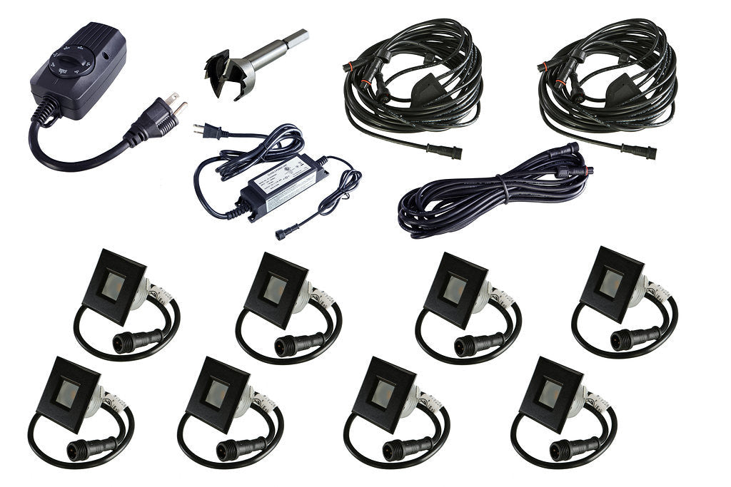 STAINLESS STEEL Square Trim - LED Outdoor Recessed Lights KIT-8 Mini Deck Lights with Transformer, Timer, Daisy Chain, 10ft Cable, Forstner Drill Bit - #EZKITST8-SS - LEDeze