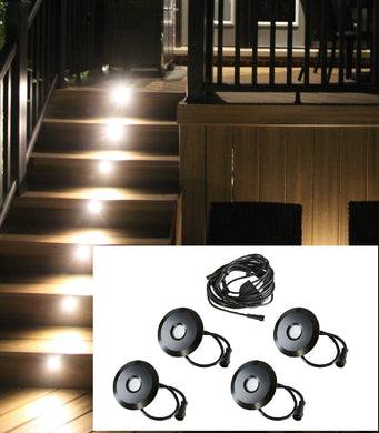 BIG Round Metal Trim - LED Outdoor Recessed Lights KIT - 4 Mini Deck/Patio Lights 0.5W (Spring Fit) with Daisy Chain - #EZKITBRT4 - LEDeze