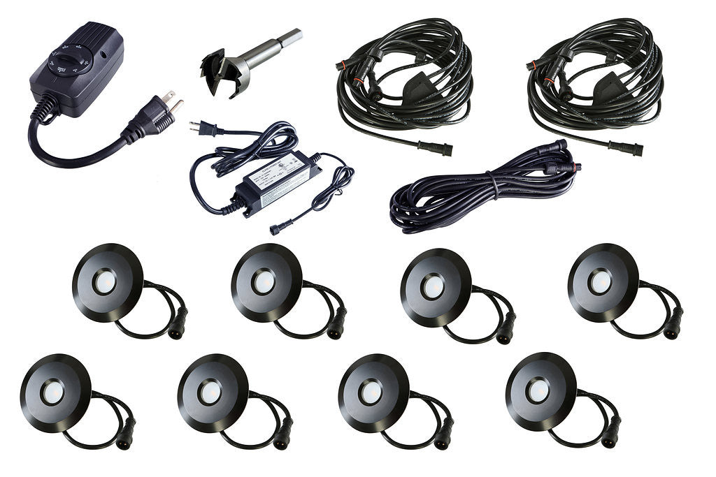 BIG Round Metal Trim - LED Outdoor Recessed Lights KIT - 8 Mini Deck Lights 0.5W (Spring Fit) with Transformer, Timer, Daisy Chain, and 10ft Extension Cable - #EZKITBRT8 - LEDeze