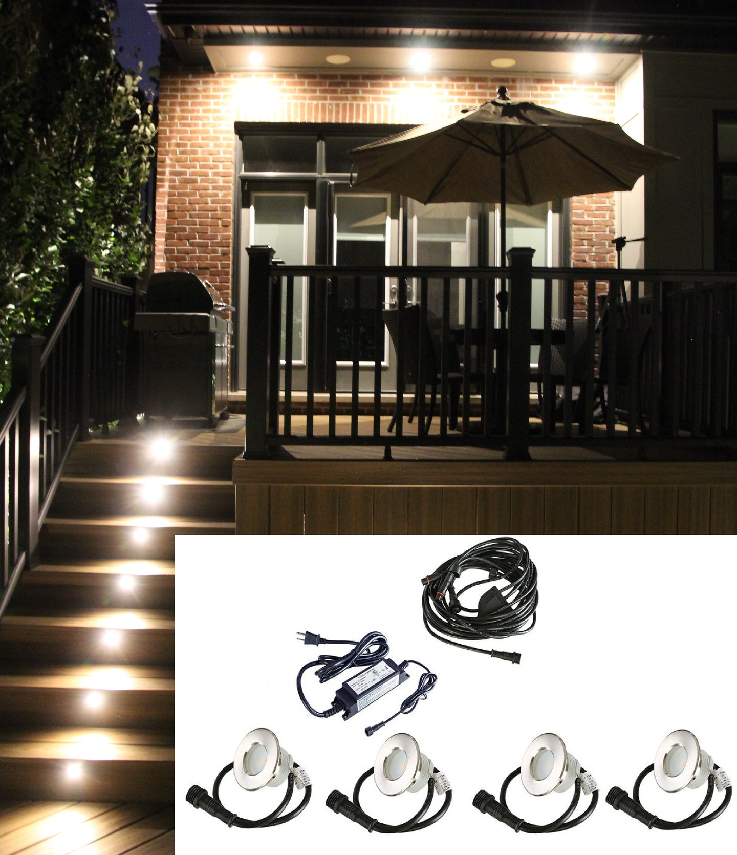 Small Round Metal Trim - LED Outdoor Recessed Lights KIT- 4 Mini Deck/Patio Lights (Spring Fit) with Transformer and Daisy Chain - #EZKITRT-TW - LEDeze