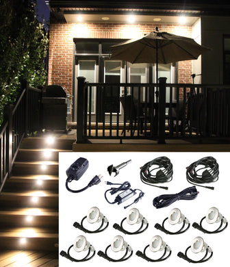 Small Round Metal Trim - LED Outdoor Recessed Lights Kit-8 Mini Deck Lights (Spring Fit) with Transformer, Timer, Daisy Chain, 10ft Cable, Forstner Drill Bit - #EZKITRT8 - LEDeze