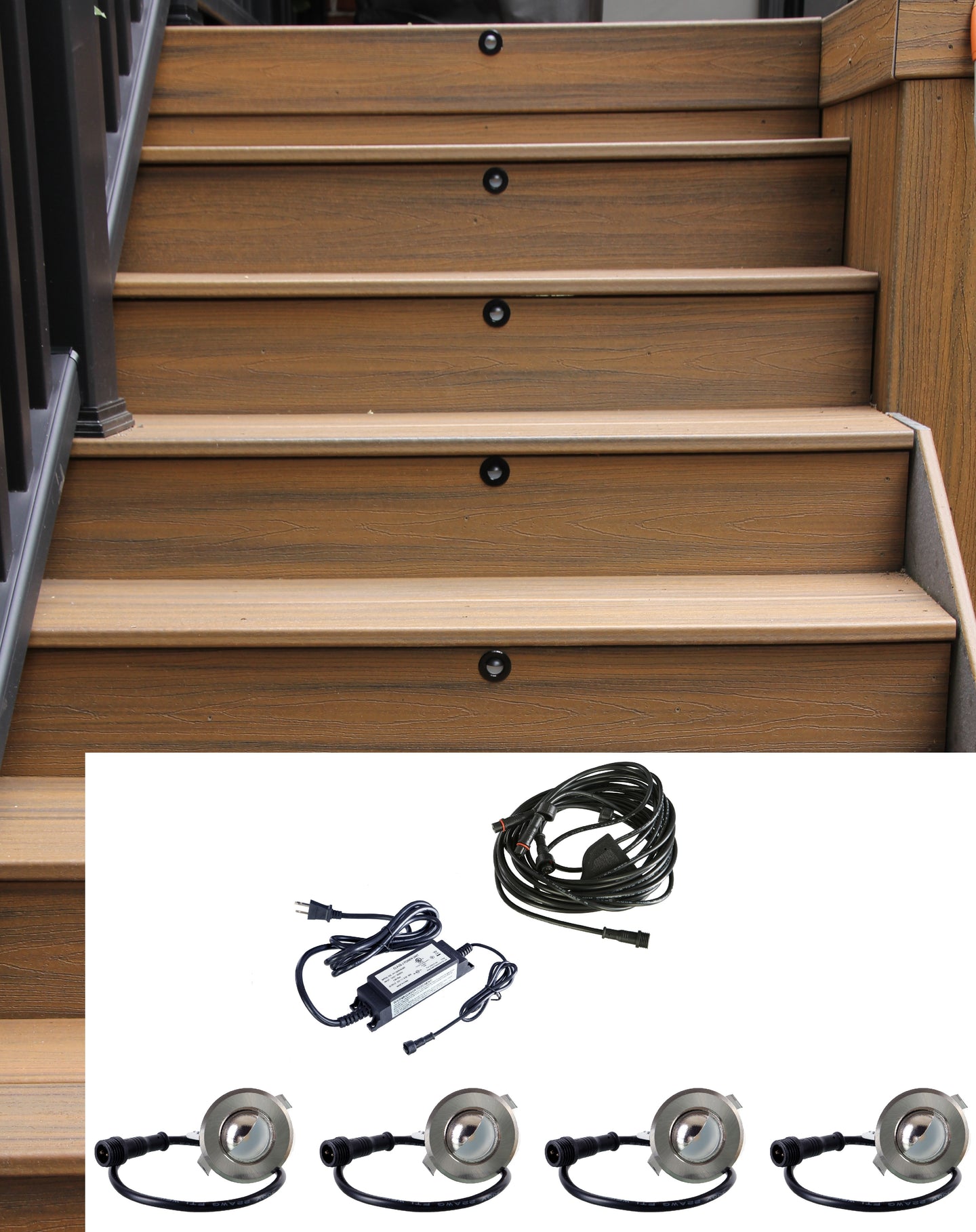 Small Round Metal SCOOP Trim - LED Outdoor Recessed Lights KIT- 4 Mini Deck/Patio Lights (Spring Fit) with Transformer and Wire Splitter - #EZKITSC-TW - LEDeze