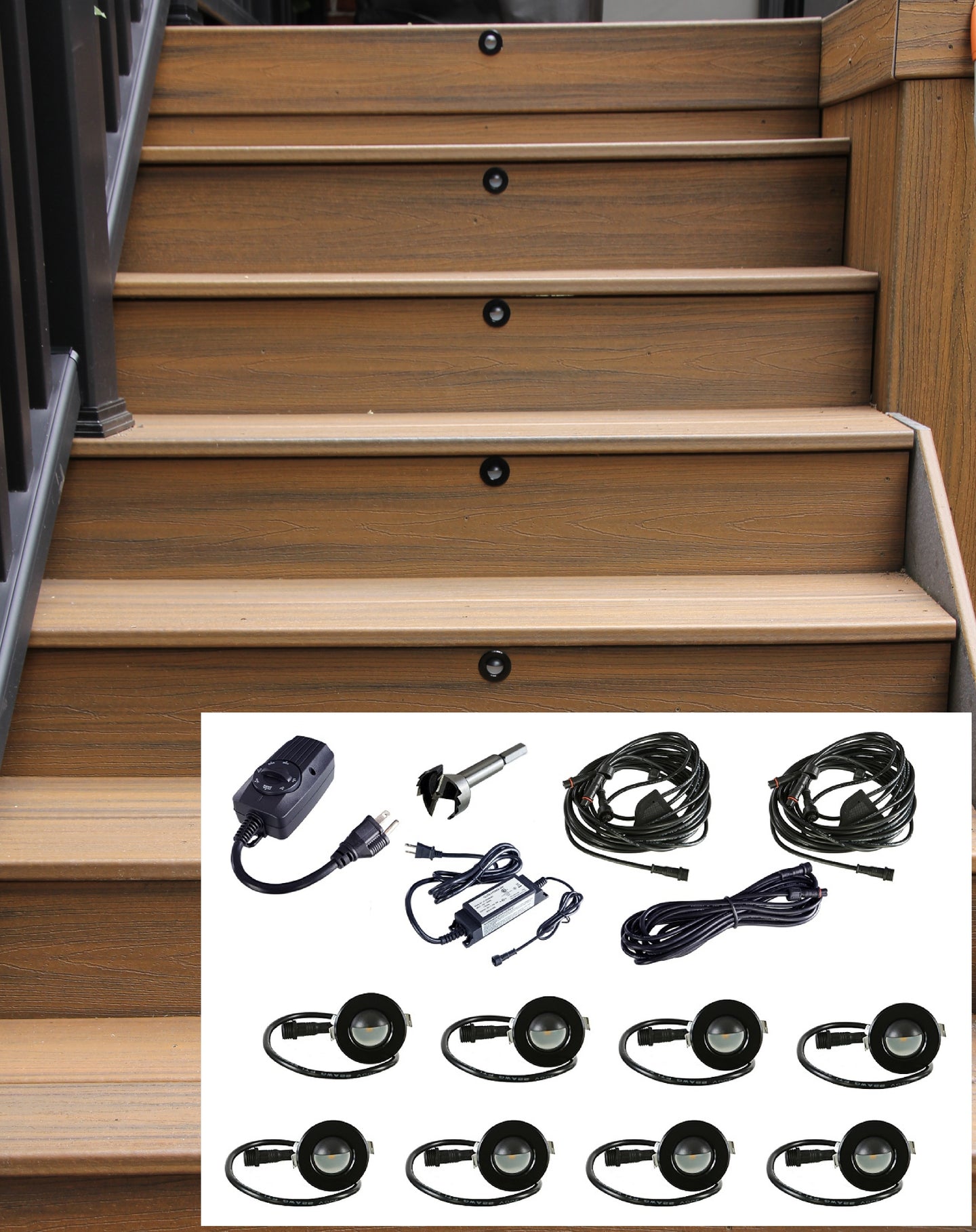 Small Round Metal SCOOP Trim - LED Outdoor Recessed Lights Kit-8 Mini Deck Lights with Transformer, Timer, Daisy Chain, 10ft Cable, Forstner Drill Bit - #EZKITSC8 - LEDeze