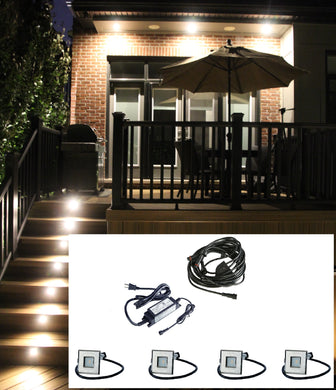 PLASTIC Square Trim - LED Outdoor Recessed Lights KIT-4 Mini Deck Lights(Spring Fit) with Transformer & Daisy Chain - #EZKITST-TW - LEDeze