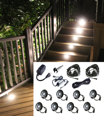 BIG Round Metal Trim - LED Outdoor Recessed Lights KIT - 8 Mini Deck Lights 0.5W (Spring Fit) with Transformer, Timer, Wires & Cables - #EZKITBRT8