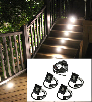 STAINLESS STEEL Square Trim - LED Outdoor Recessed Lights KIT- 4 Mini Deck/Patio Lights (Spring Fit) with Wire Harness Splitter - #EZKITST4-SS