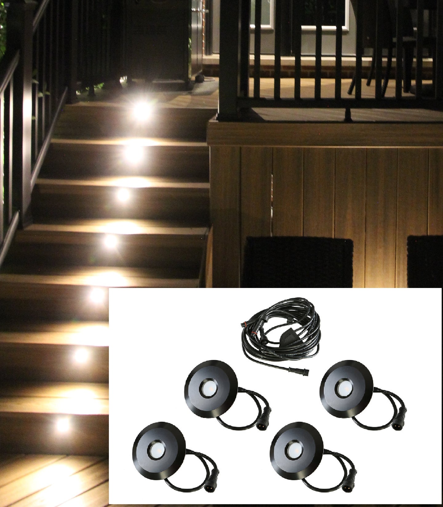 BIG Round Metal Trim - LED Outdoor Recessed Lights KIT - 4 Mini Deck/Patio Lights 0.5W (Spring Fit) with Wire Harness Splitter - #EZKITBRT4