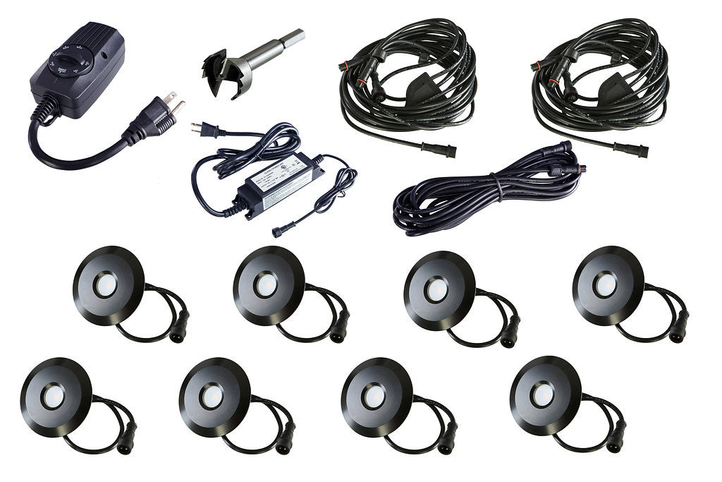 BIG Round Metal Trim - LED Outdoor Recessed Lights KIT - 8 Mini Deck Lights 0.5W (Spring Fit) with Transformer, Timer, Daisy Chain, and 10ft Extension Cable - #EZKITBRT8